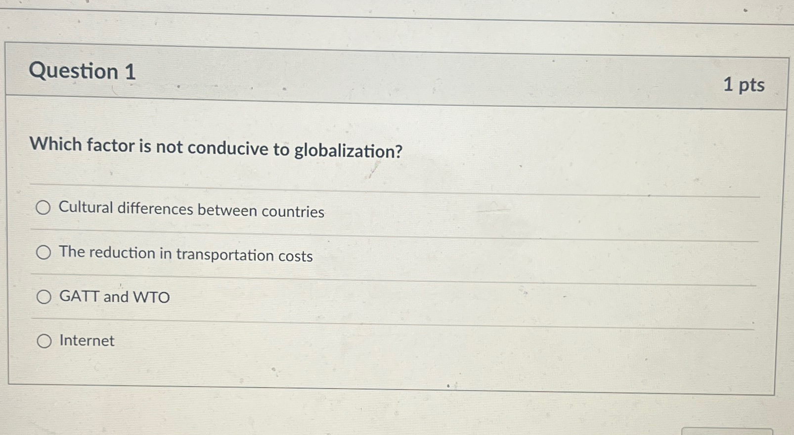  Question 1 1pts Which factor is not conducive to globalization? Cultural