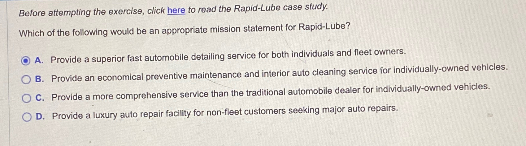  Before attempting the exercise, click here to read the Rapid-Lube case