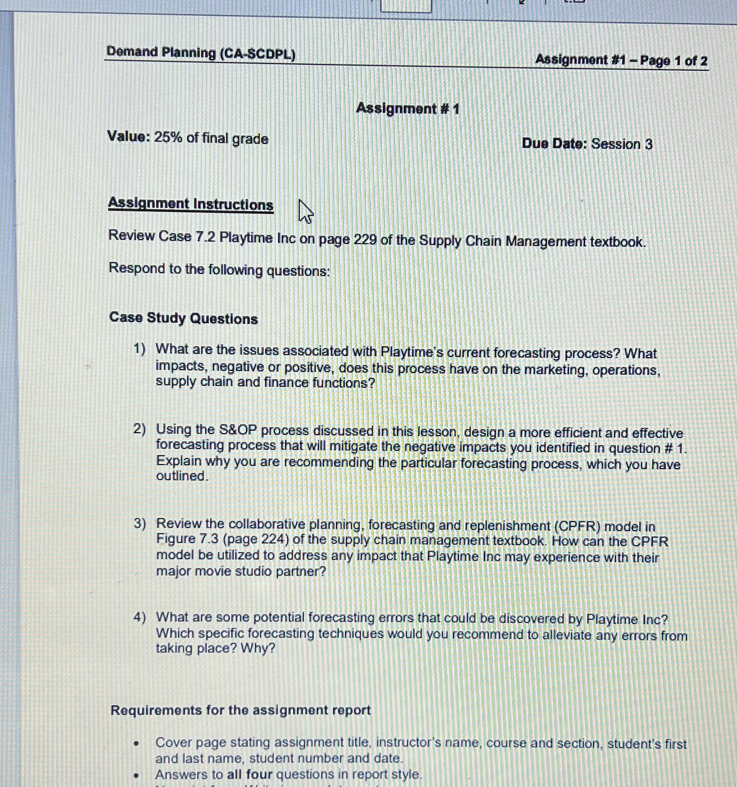  Demand Planning (CA-SCDPL) Assignment #1- Page 1 of 2 Assignment #