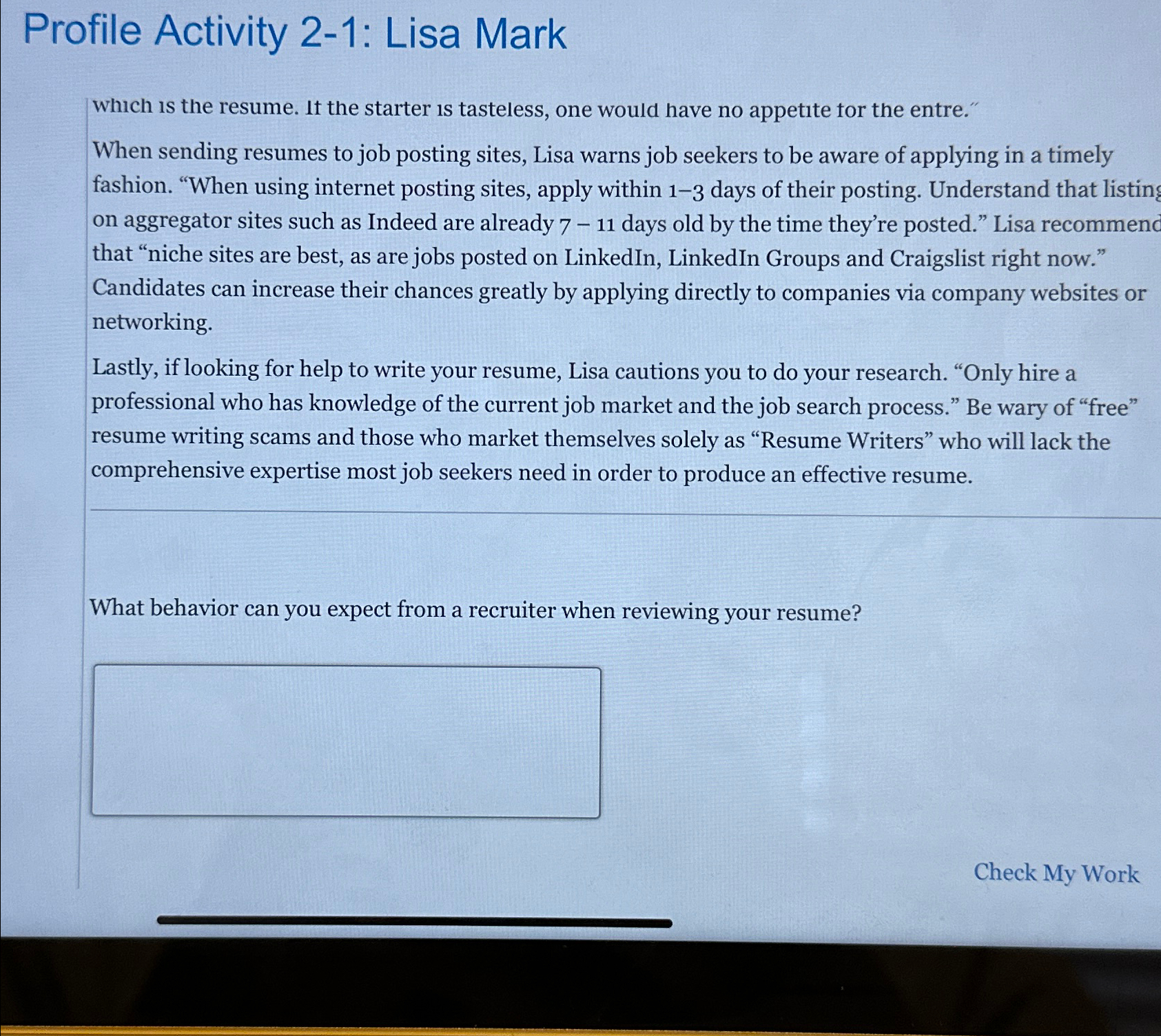  Profile Activity 2-1: Lisa Mark which is the resume. It the