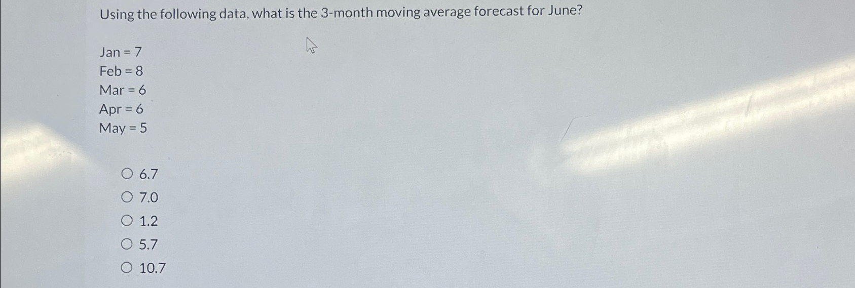  Using the following data, what is the 3-month moving average forecast