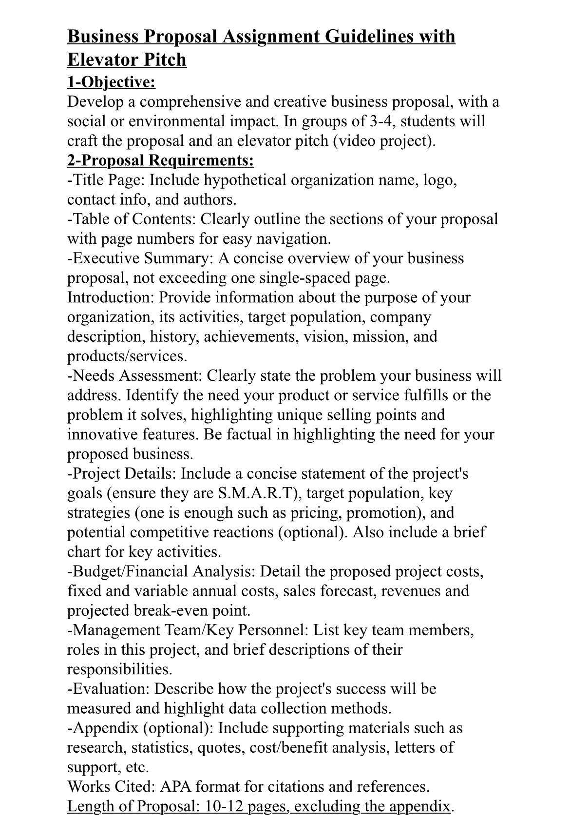  Business Proposal Assignment Guidelines with Elevator Pitch 1-Objective: Develop a comprehensive