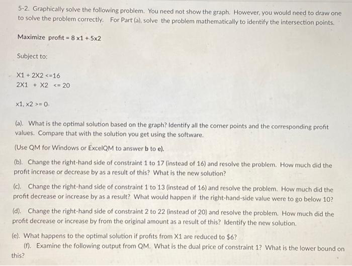 please use excel to solve 5-2. Graphically solve the following problem. You