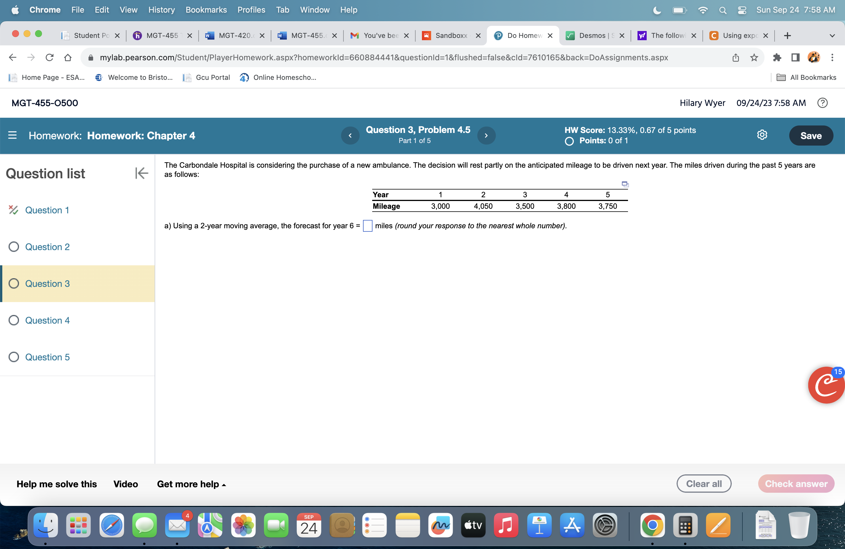 Using a 2-year moving average, the forecast for year 6 miles