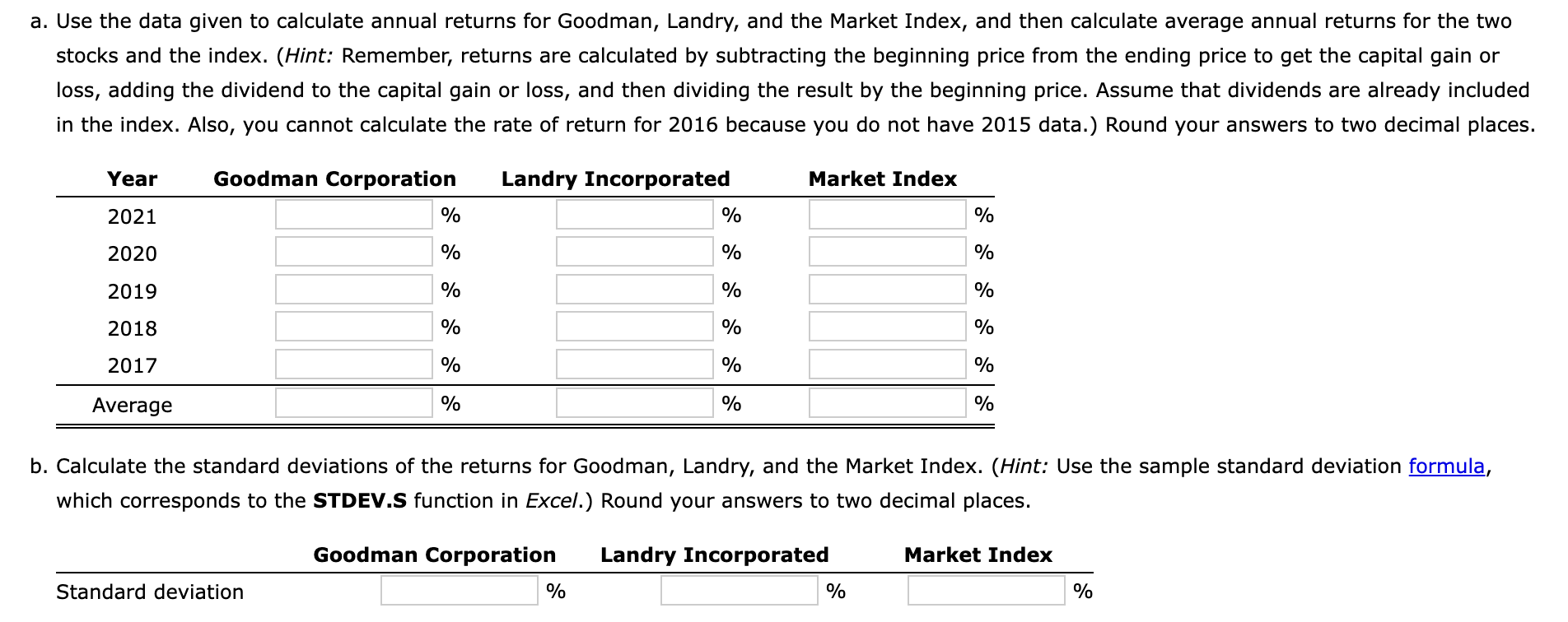 Landry, and the Market Index, and then calculate average annual returns for