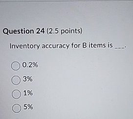  Question 24(2.5 points) Inventory accuracy for B items is q, 0.2%