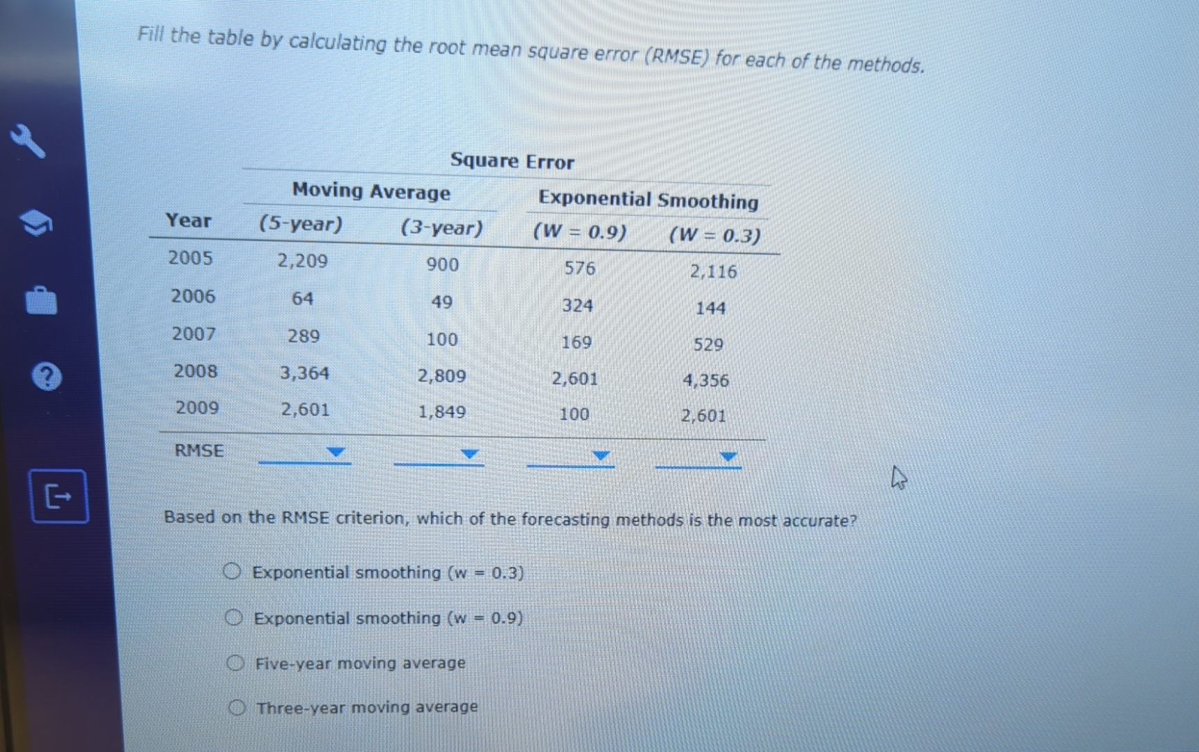  Fill the table by calculating the root mean square error (RMSE)