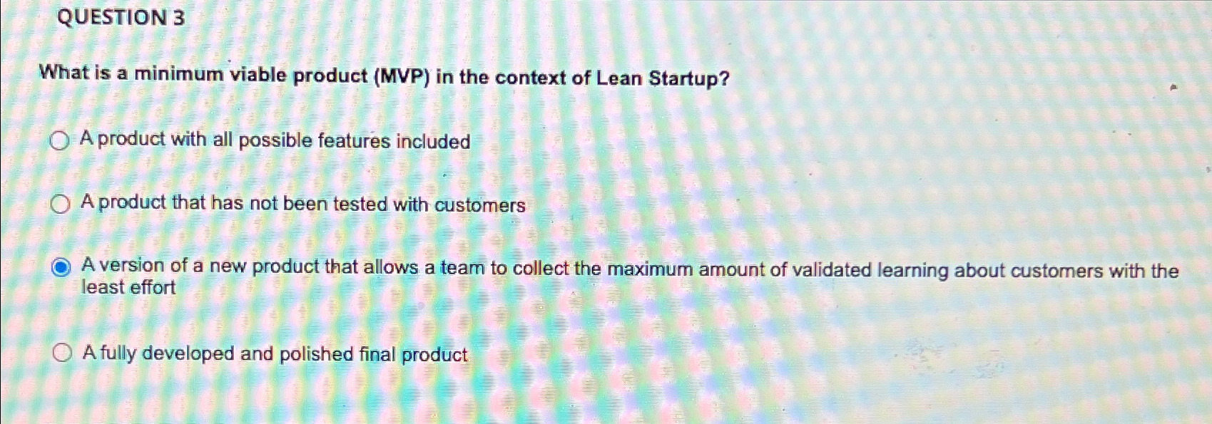  QUESTION 3 What is a minimum viable product (MVP) in the