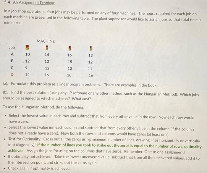  5-4. An Assignment Problem: In a job shop operations, four jobs