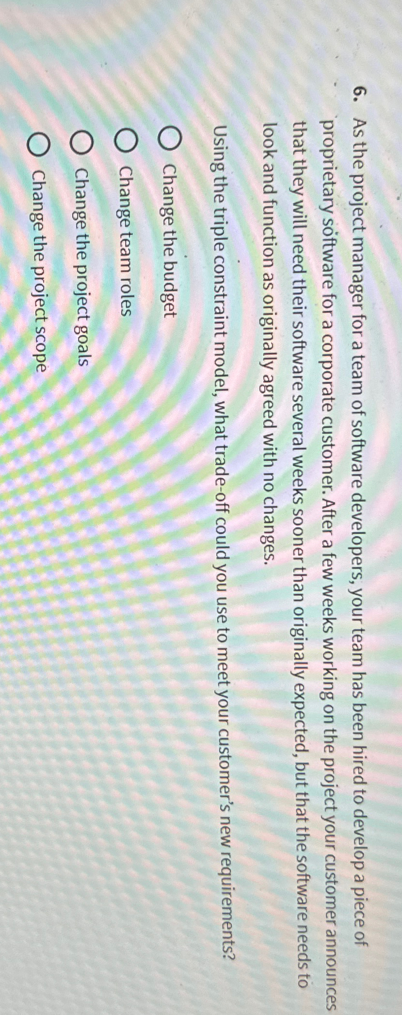  As the project manager for a team of software developers, your