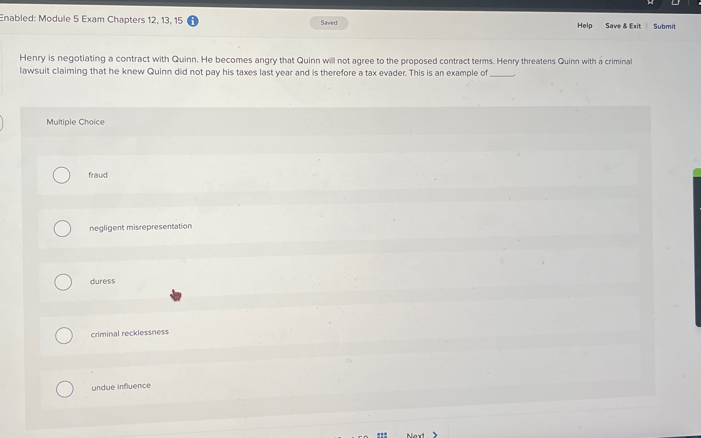  Enabled: Module 5 Exam Chapters 12,13,15 i Help Save & Exit