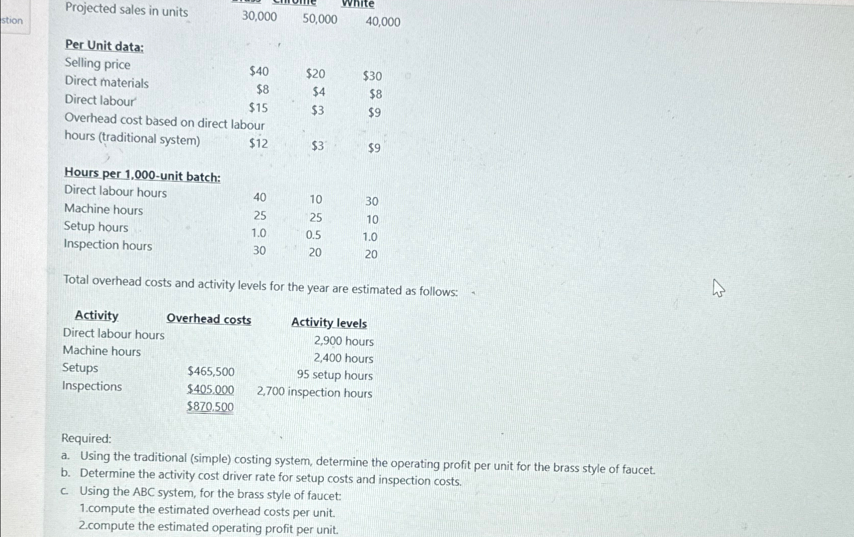  \table[[Projected sales in units,30,000,50,000,40,000 