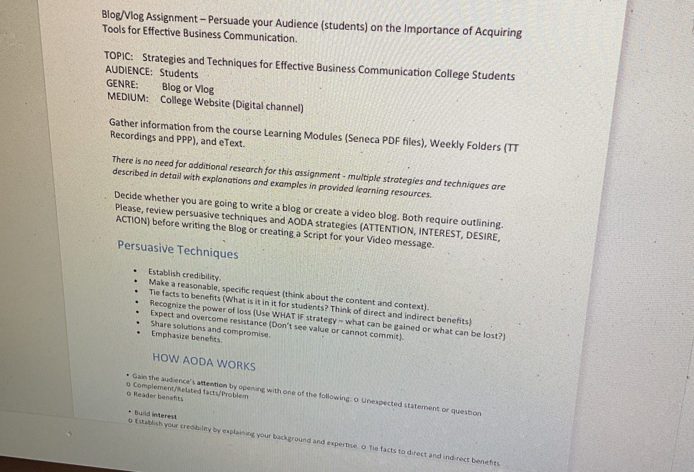  Blog/Vlog Assignment - Persuade your Audience (students) on the Importance of