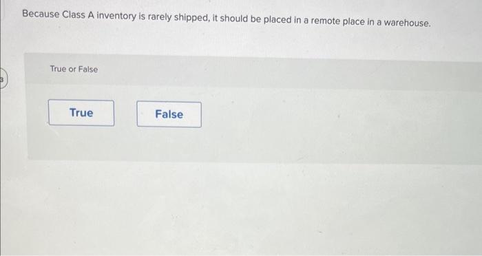  Because Class A inventory is rarely shipped, it should be placed