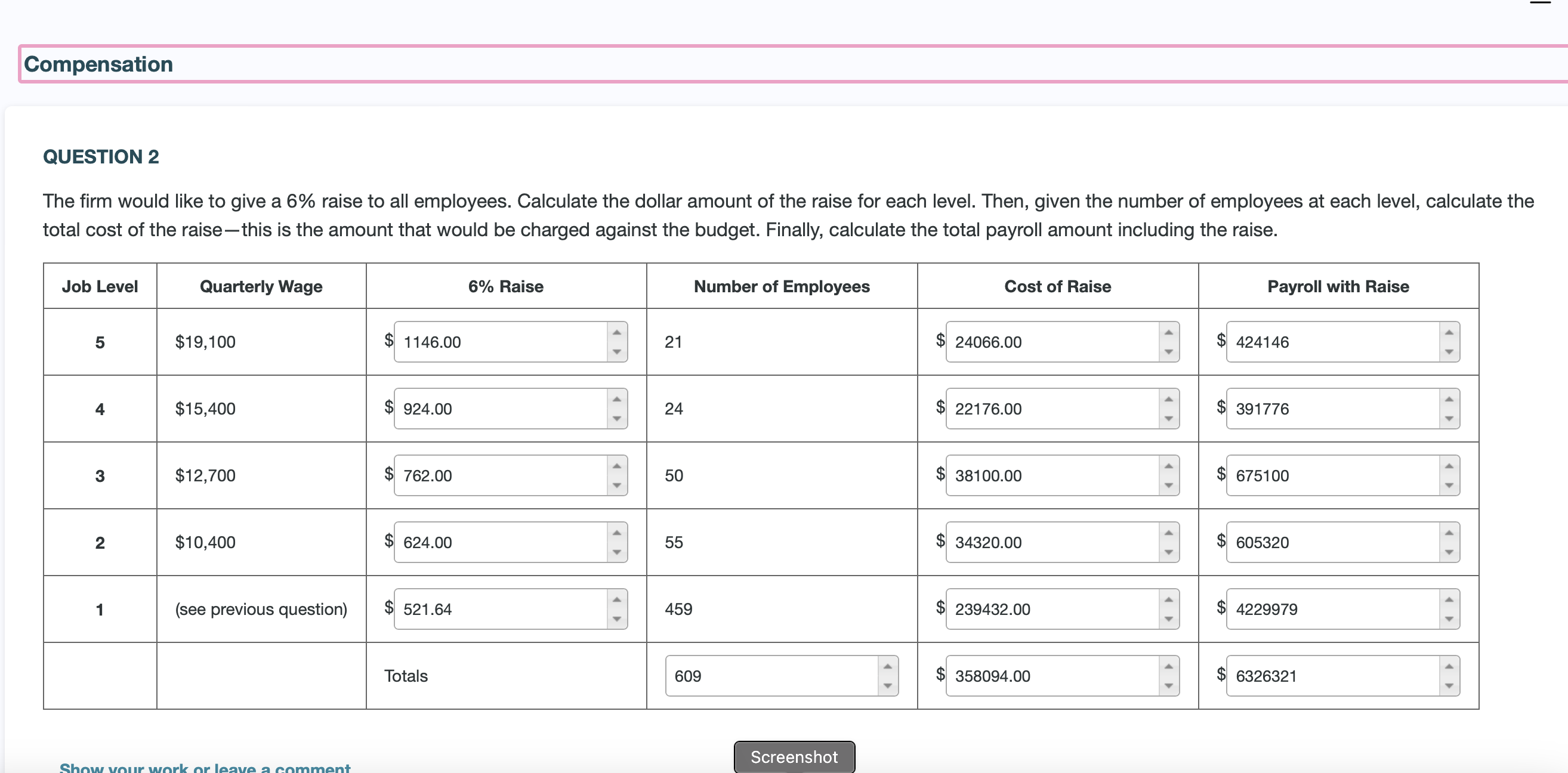  Compensation QUESTION 1 Assuming 520 hours in the quarter, calculate the