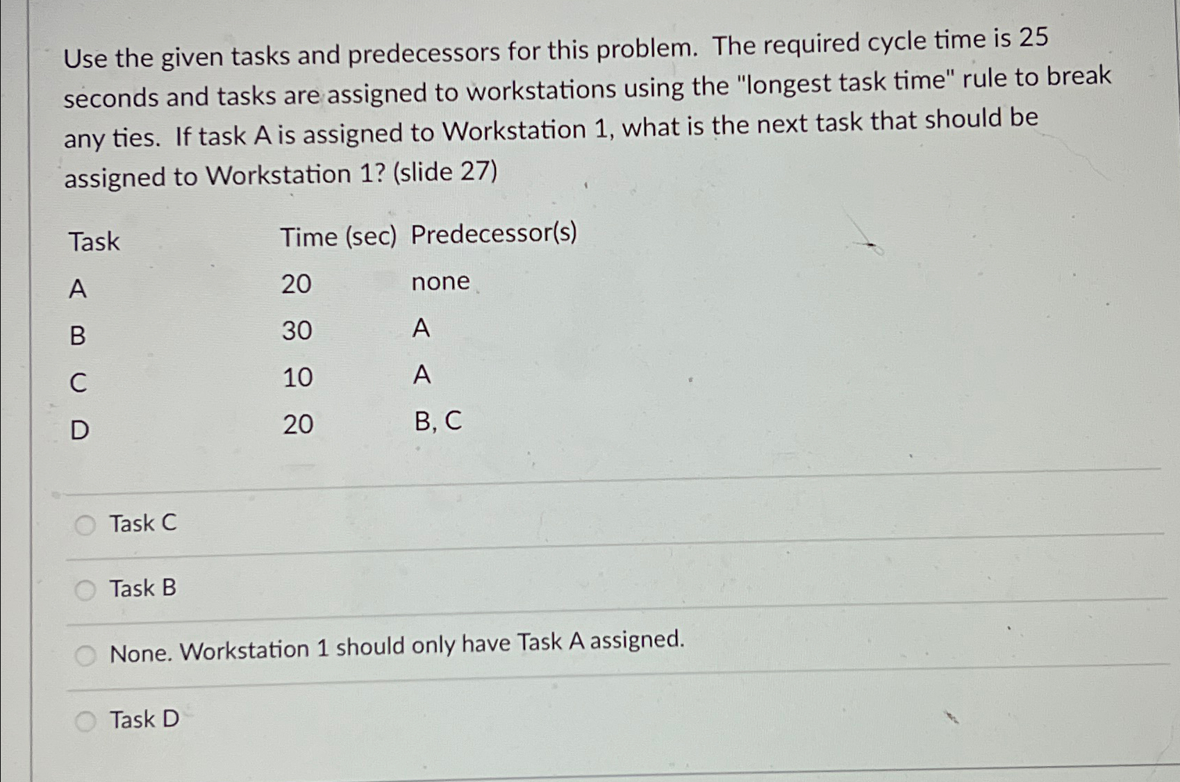 Use the given tasks and predecessors for this problem. The required
