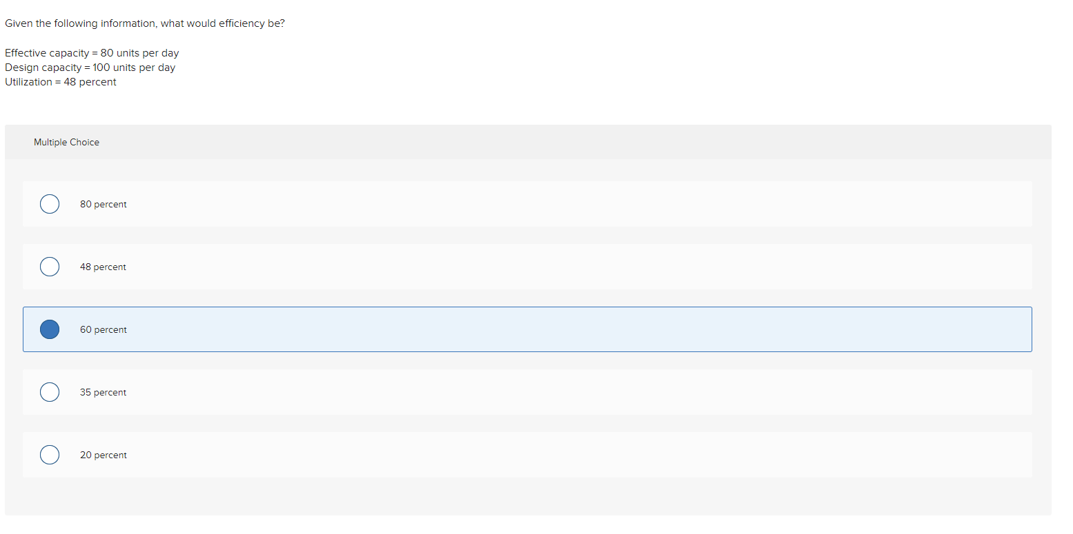  Given the following information, what would efficiency be? Effective capacity =80