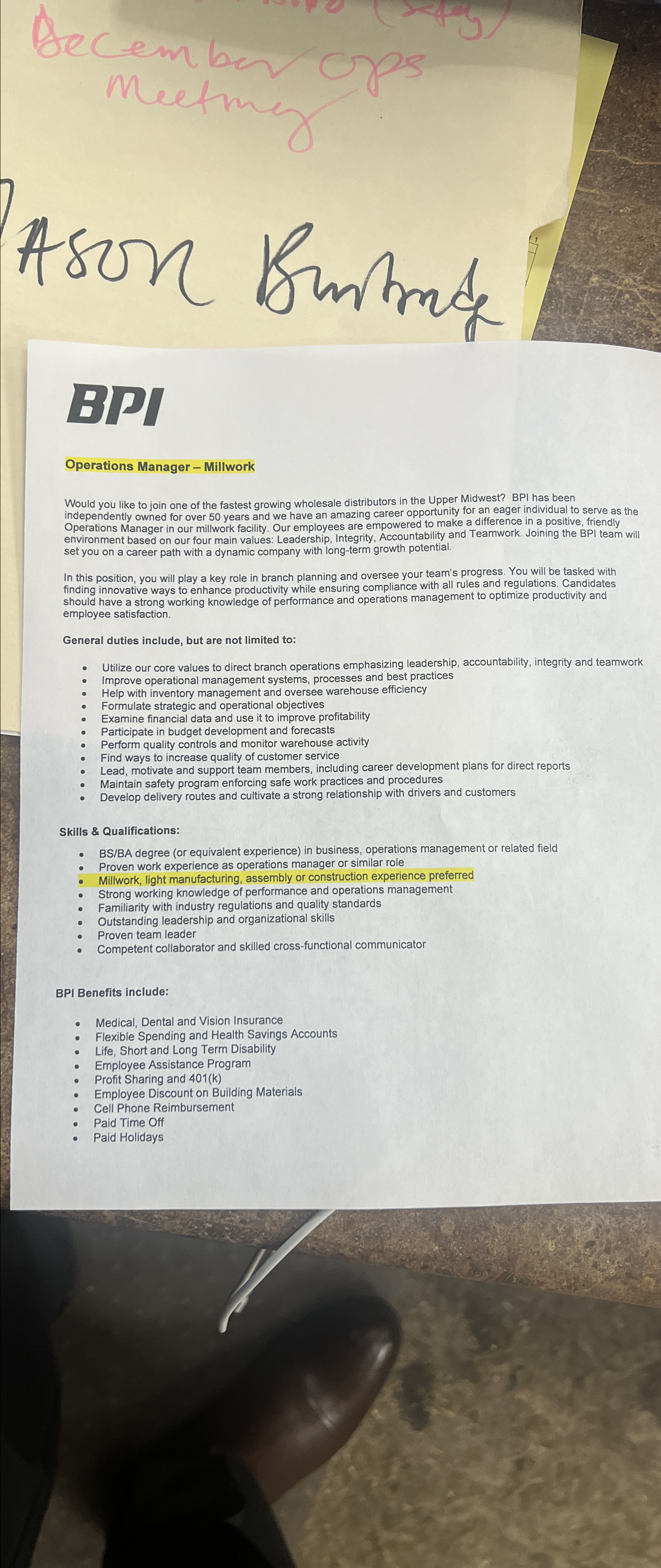  1 BPI Operations Manager - Millwork Would you like to join