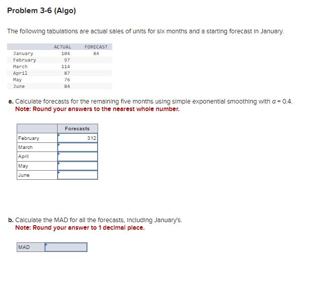  Problem 3-6(Algo) The following tabulations are actual sales of units for