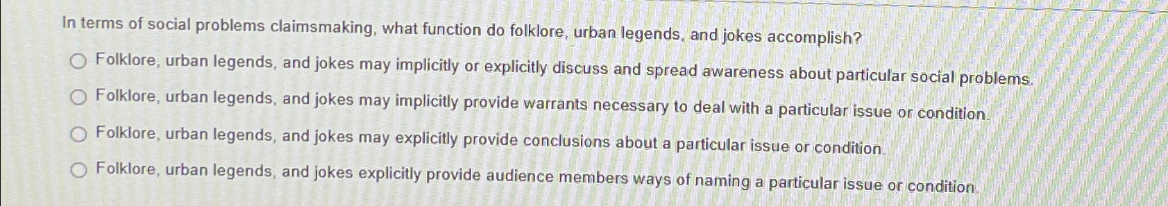  In terms of social problems claimsmaking, what function do folklore, urban