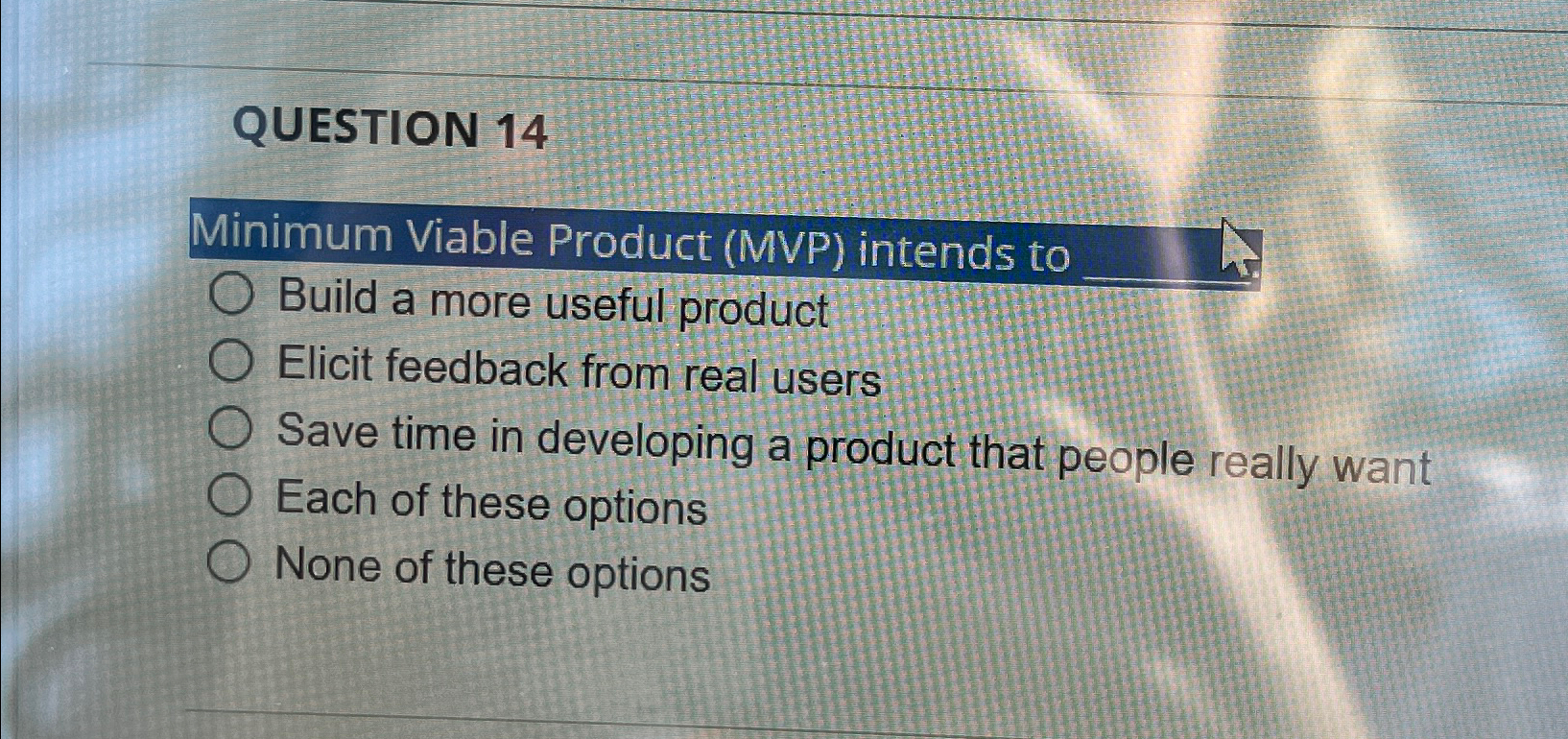  QUESTION 14 Minimum Viable Product (MVP) intends to Build a more