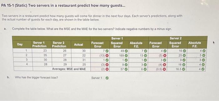  PA 151 (Static) Two servers in a restaurant predict how many