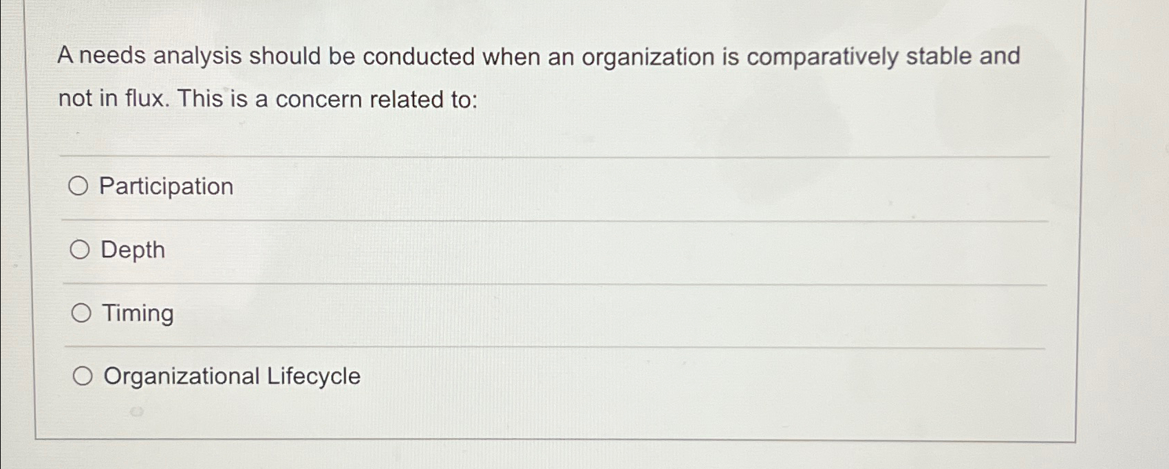  A needs analysis should be conducted when an organization is comparatively