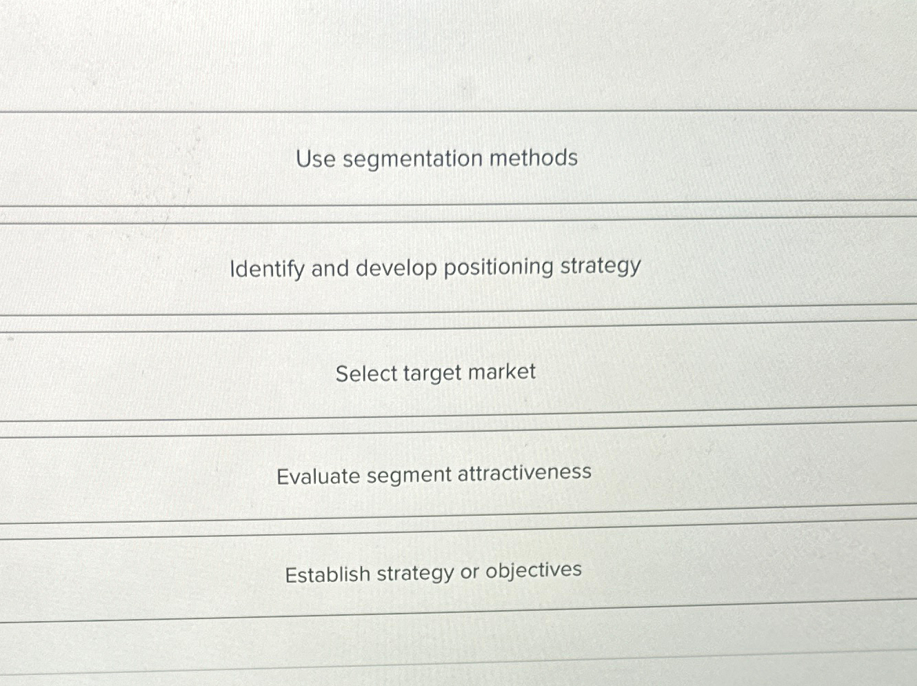  Use segmentation methods Identify and develop positioning strategy Select target market