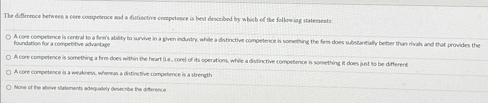 The difference between a core competence and a distinctive competence is