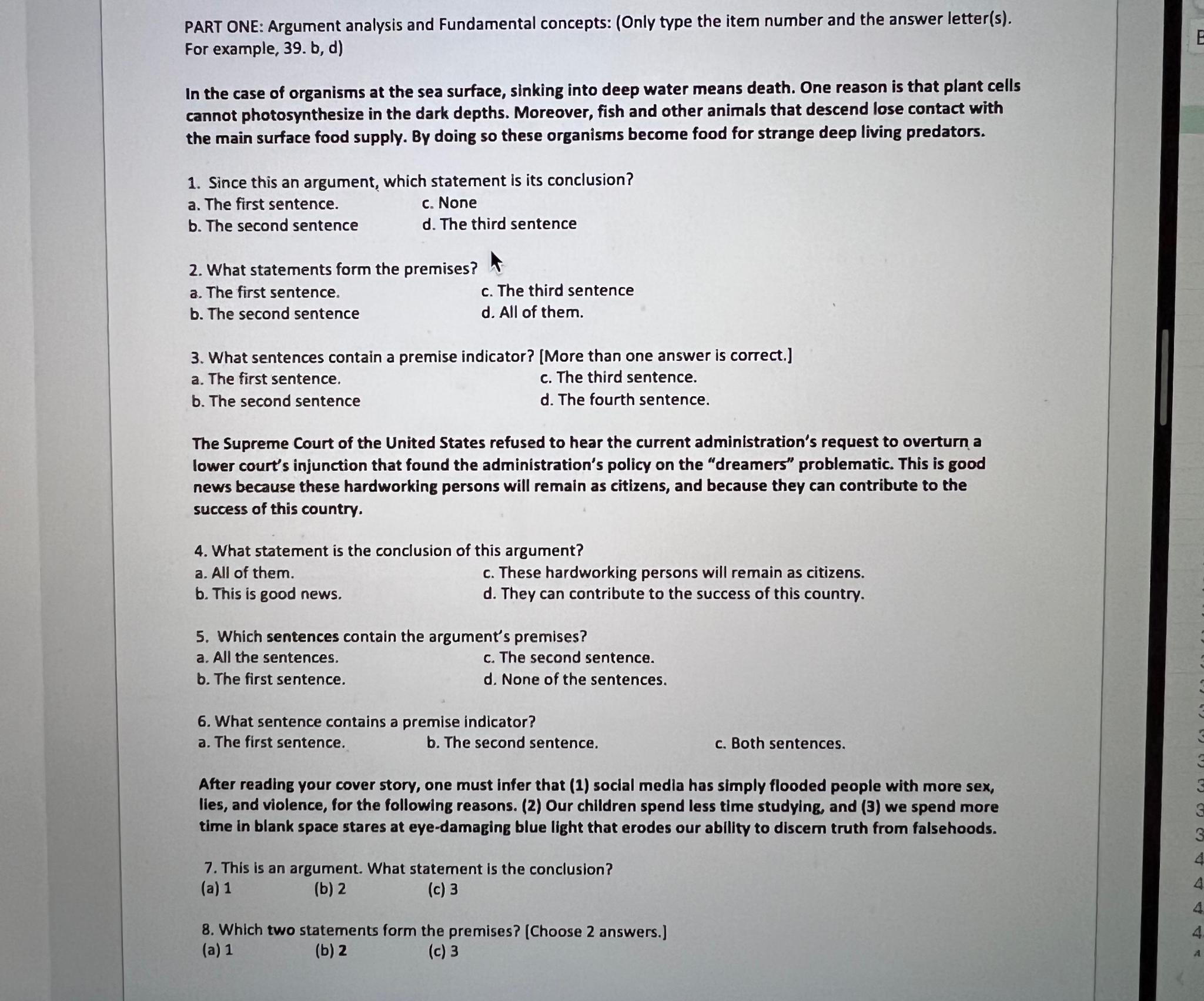  PART ONE: Argument analysis and Fundamental concepts: (Only type the item