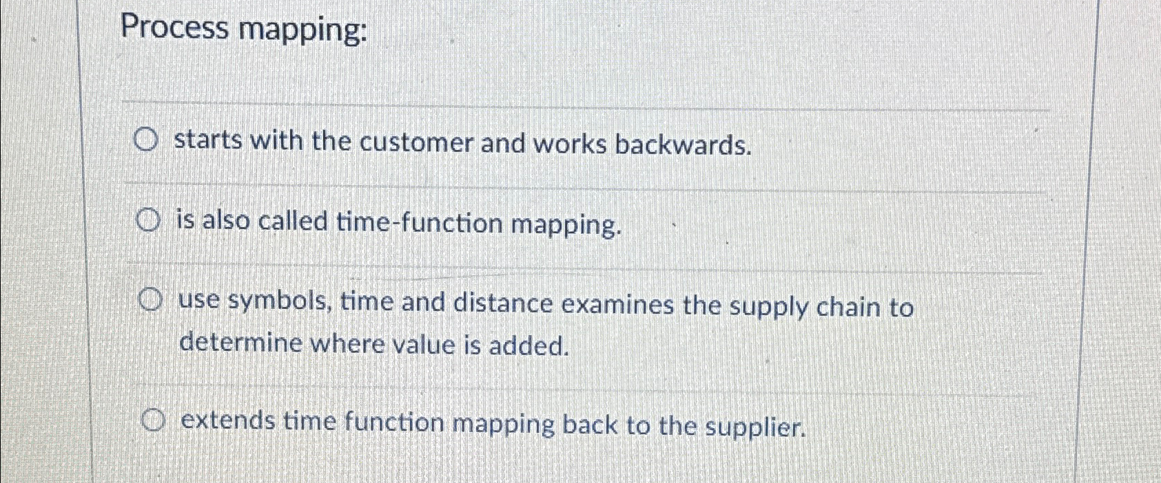  Process mapping: starts with the customer and works backwards. is also