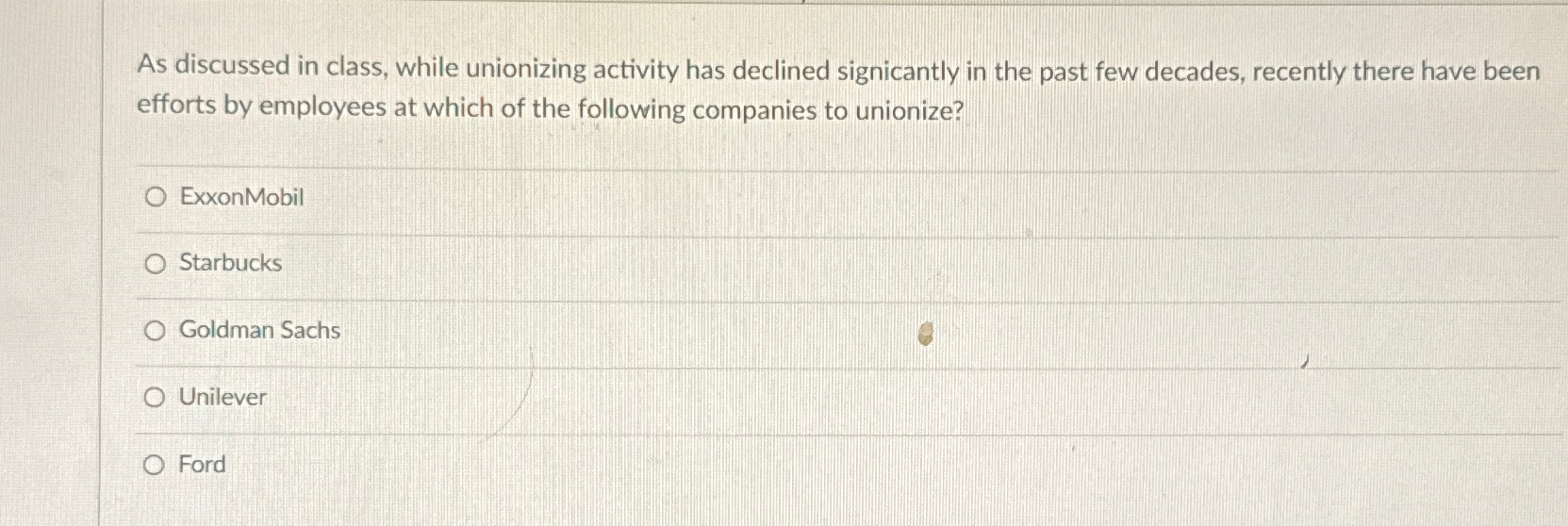  As discussed in class, while unionizing activity has declined signicantly in