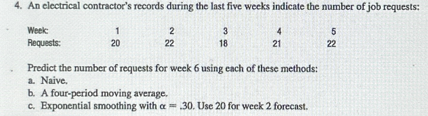  An electrical contractor's records during the last five weeks indicate the