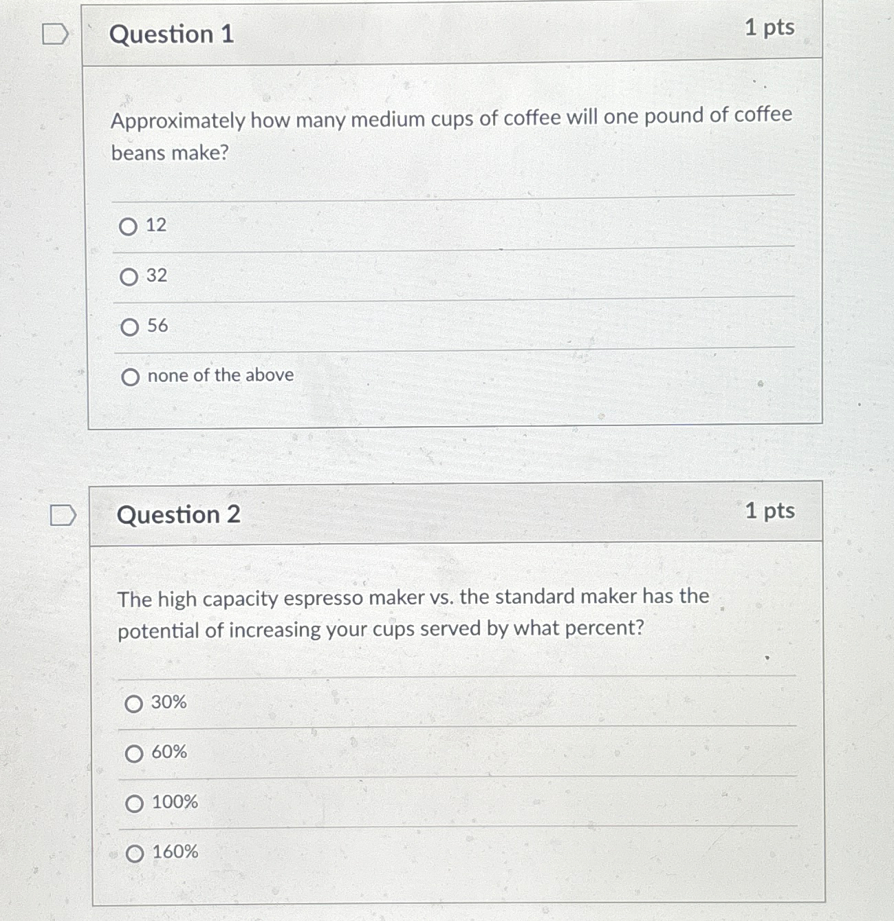  Question 1 1pts Approximately how many medium cups of coffee will