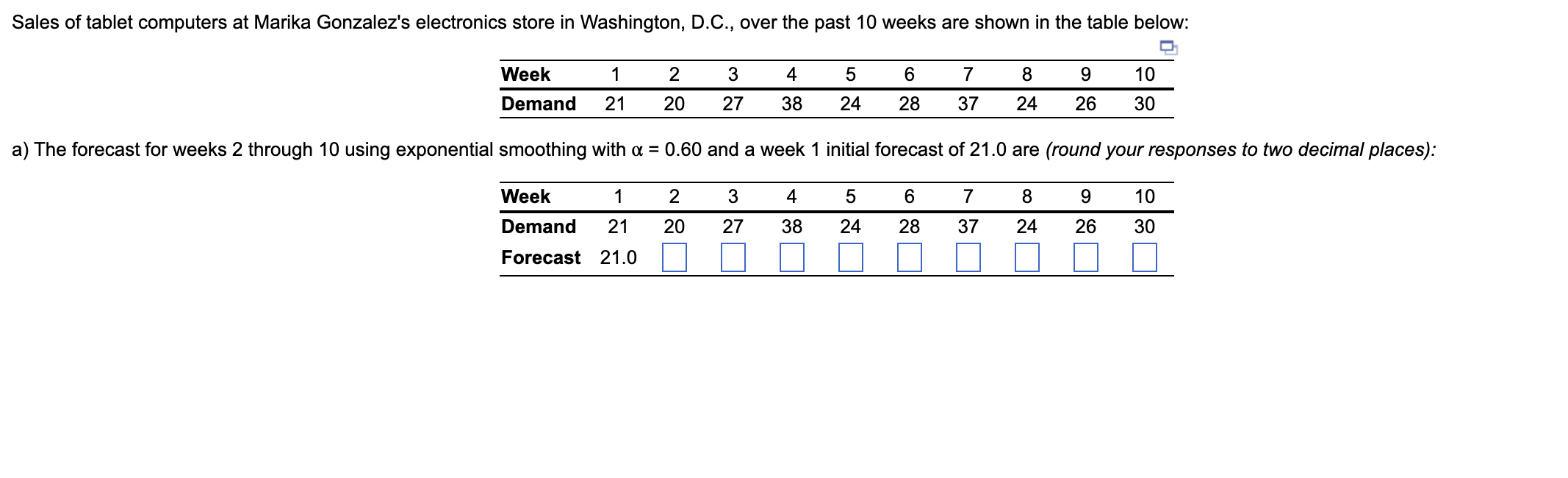  a) The forecast for weeks 2 through 10 using exponential smoothing