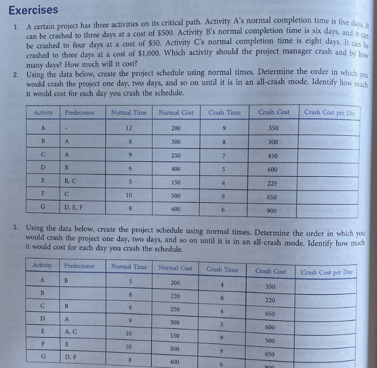 Please answer questions 2 and 3. 1. A certain project has three