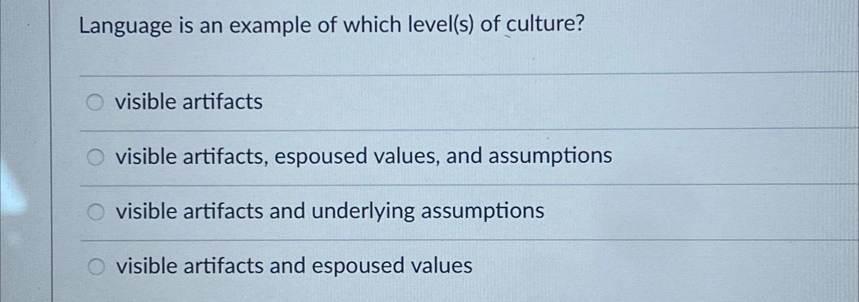  Language is an example of which level(s) of culture? visible artifacts
