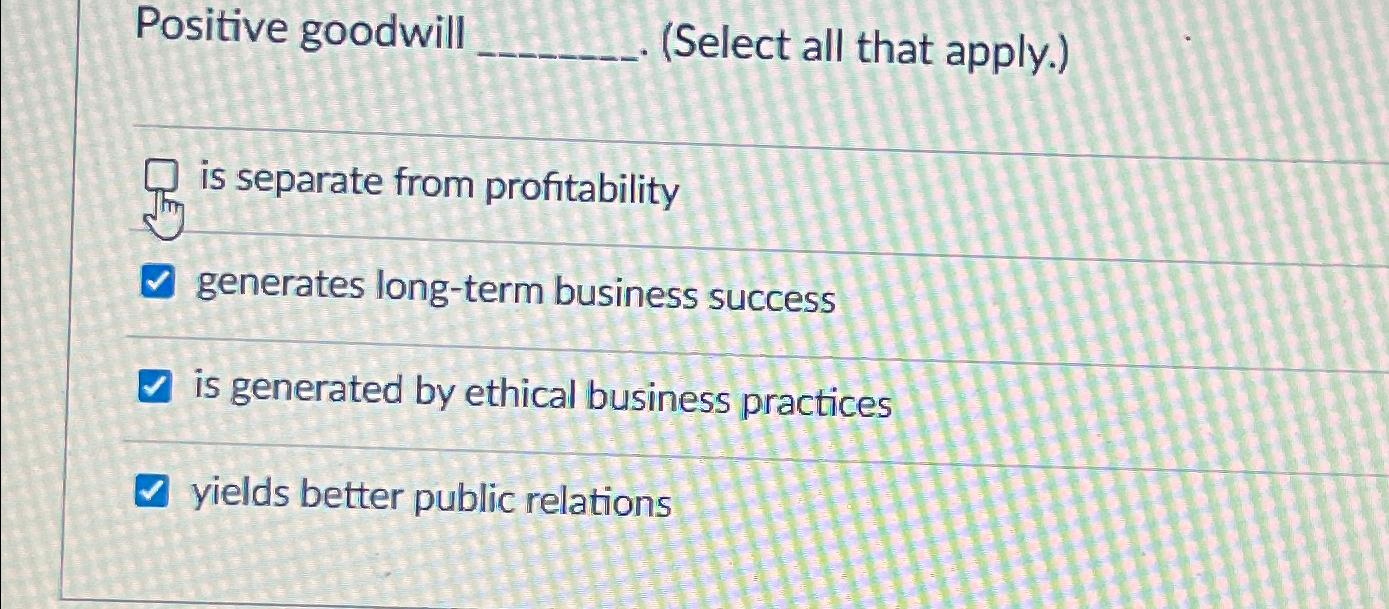  Positive goodwill (Select all that apply.) is separate from profitability generates