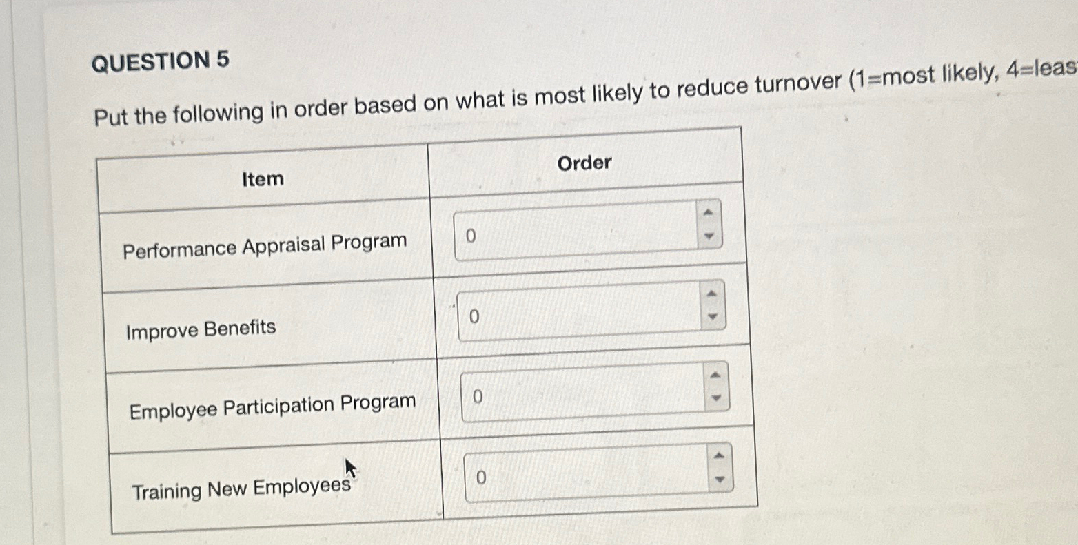  QUESTION 5 Put the following in order based on what is