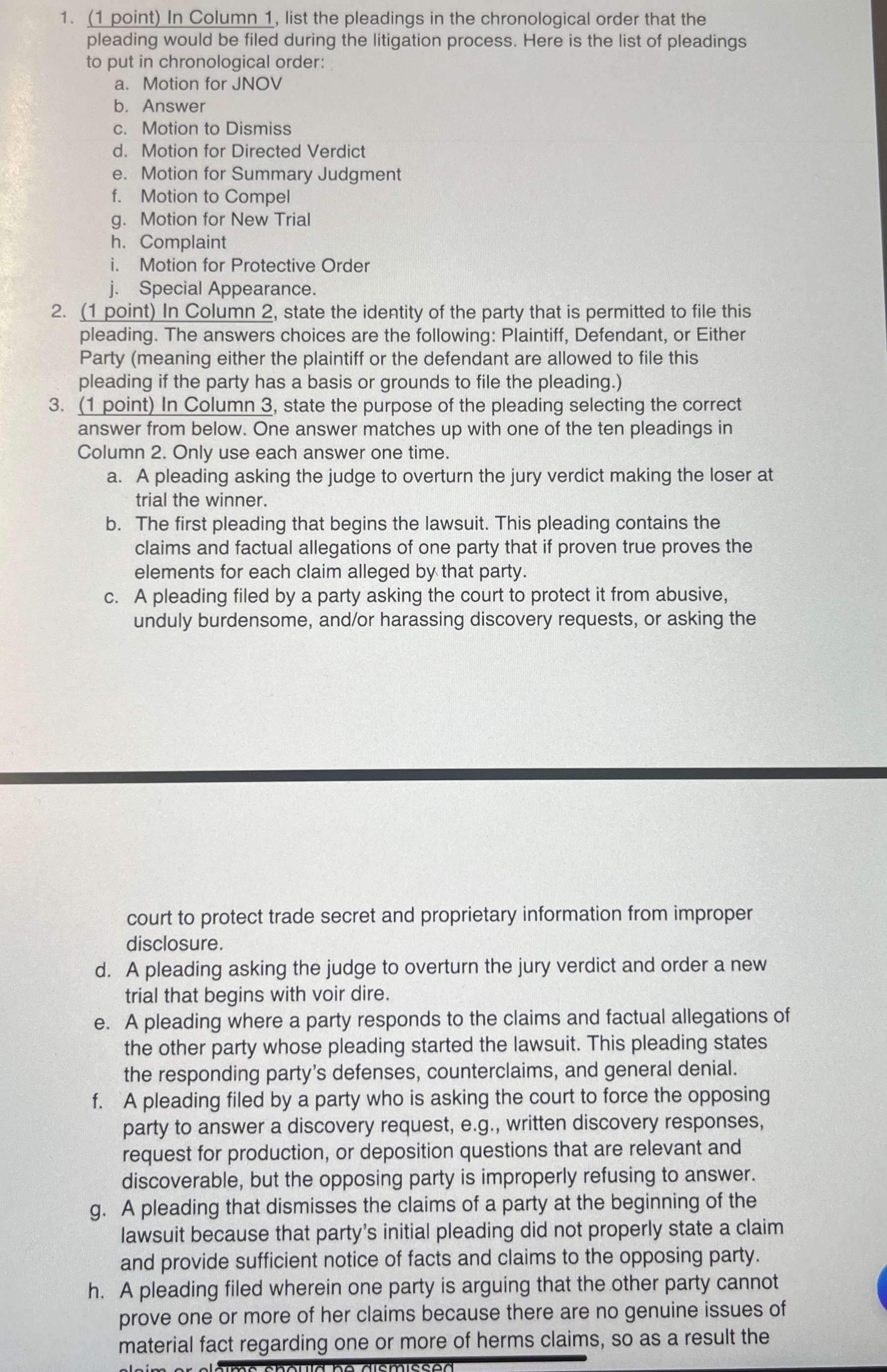  (1 point) In Column 1, list the pleadings in the chronological