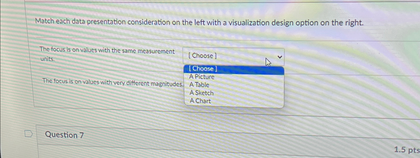  Match each data presentation consideration on the left with a visualization