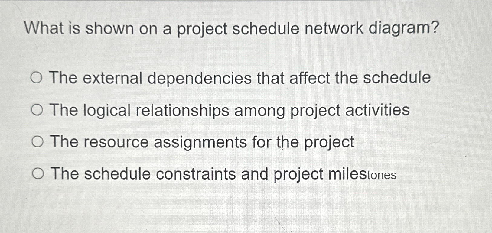  What is shown on a project schedule network diagram? The external