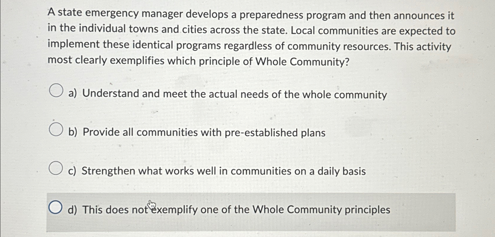  A state emergency manager develops a preparedness program and then announces