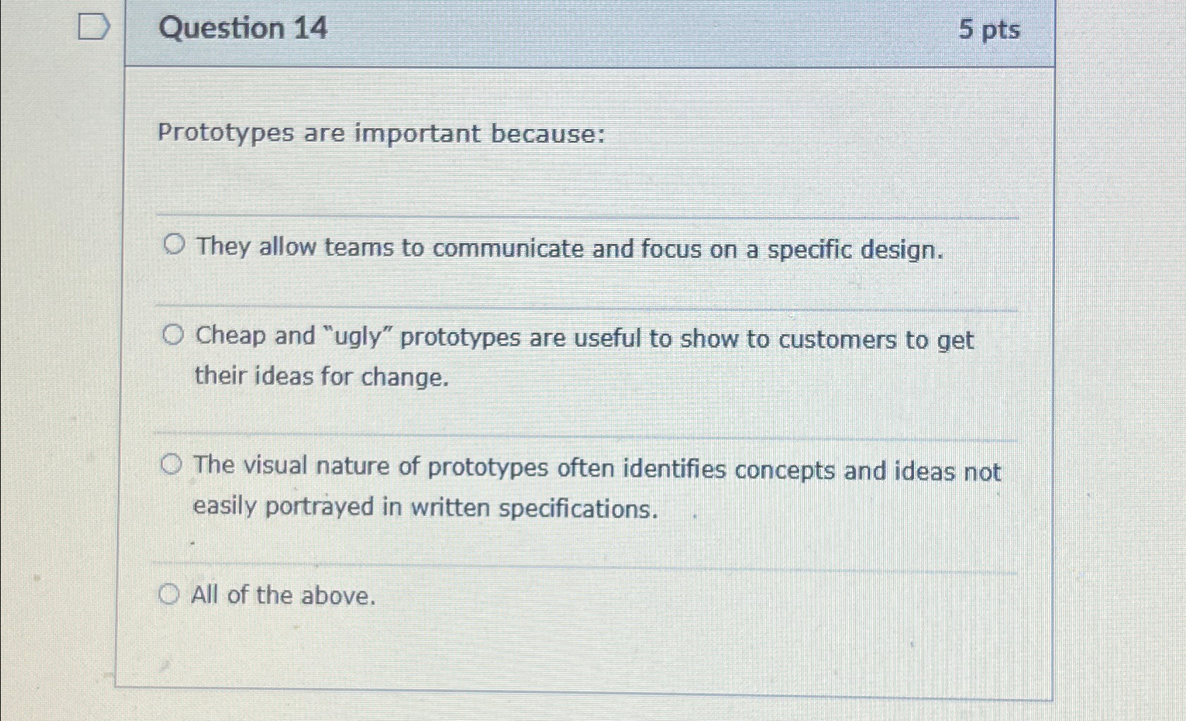  Question 14 5 pts Prototypes are important because: They allow teams
