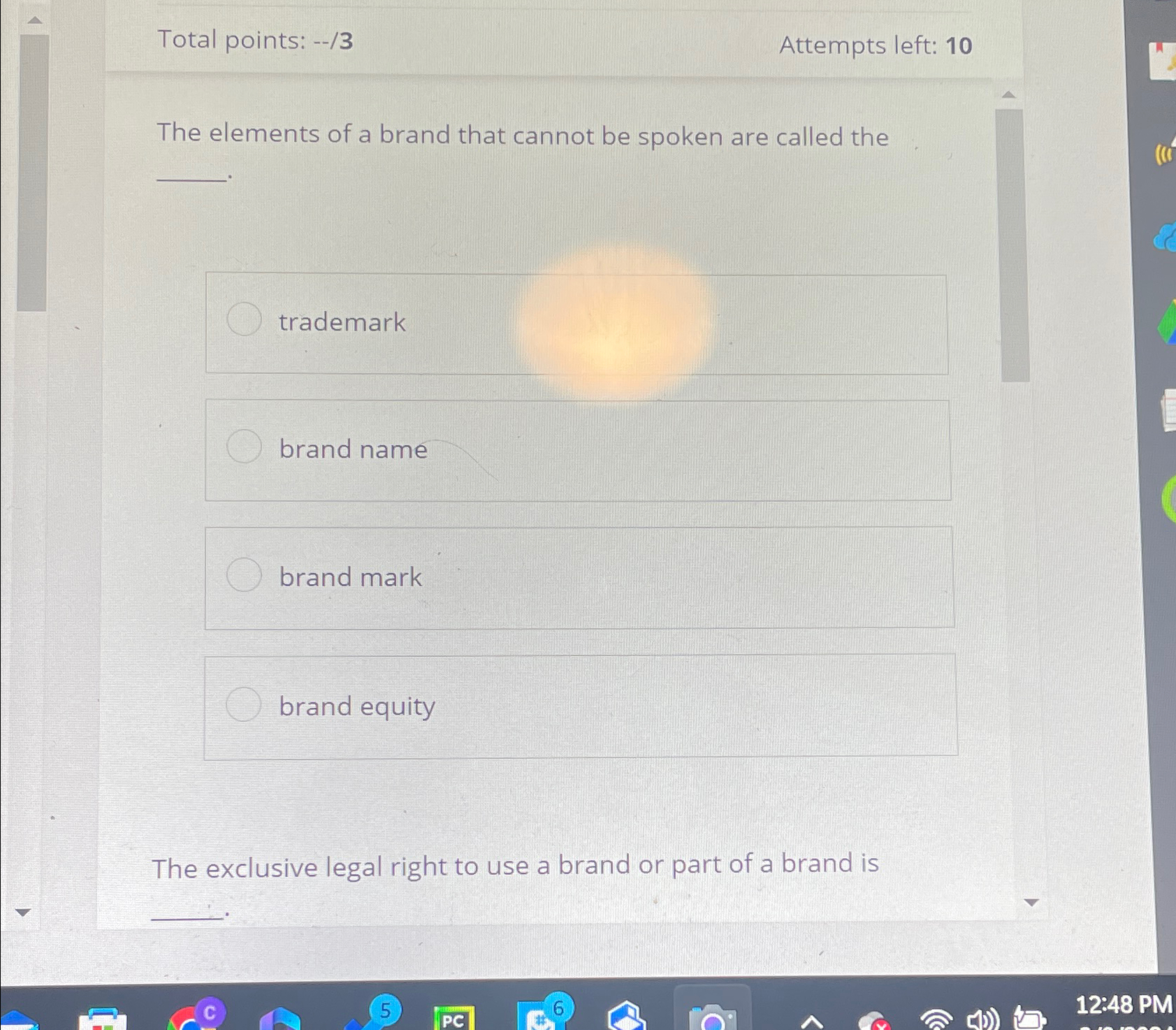  Total points: --/3 Attempts left: 10 The elements of a brand