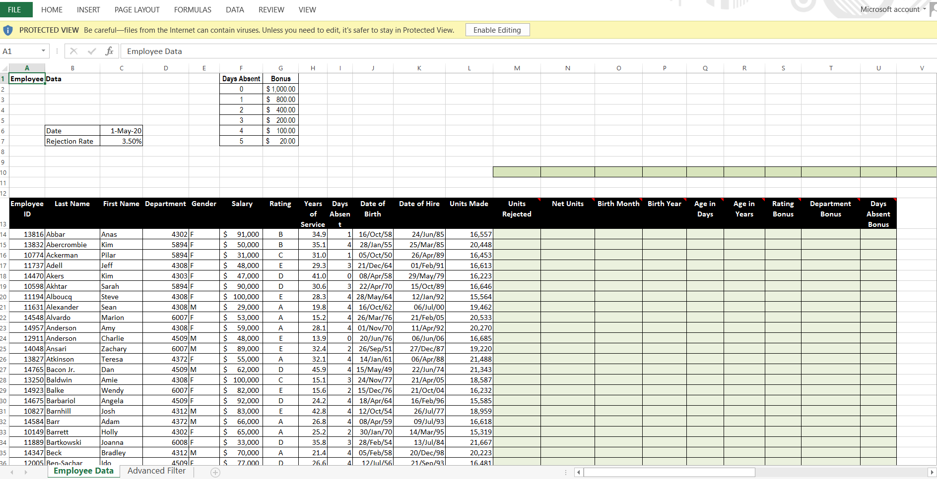 1.Name cell C7 as Rejection_Rate. 2.In M14: Create a formula to