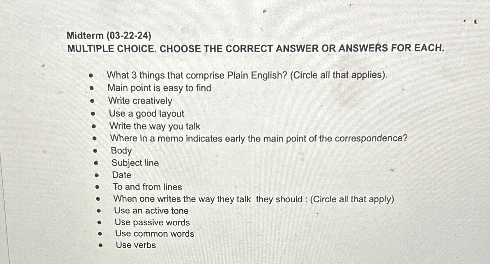  Midterm (03-22-24) MULTIPLE CHOICE. CHOOSE THE CORRECT ANSWER OR ANSWERS FOR