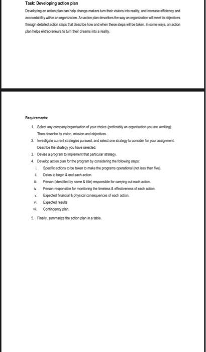  Task: Developing action plan frough detaled acton stress that descrbe how