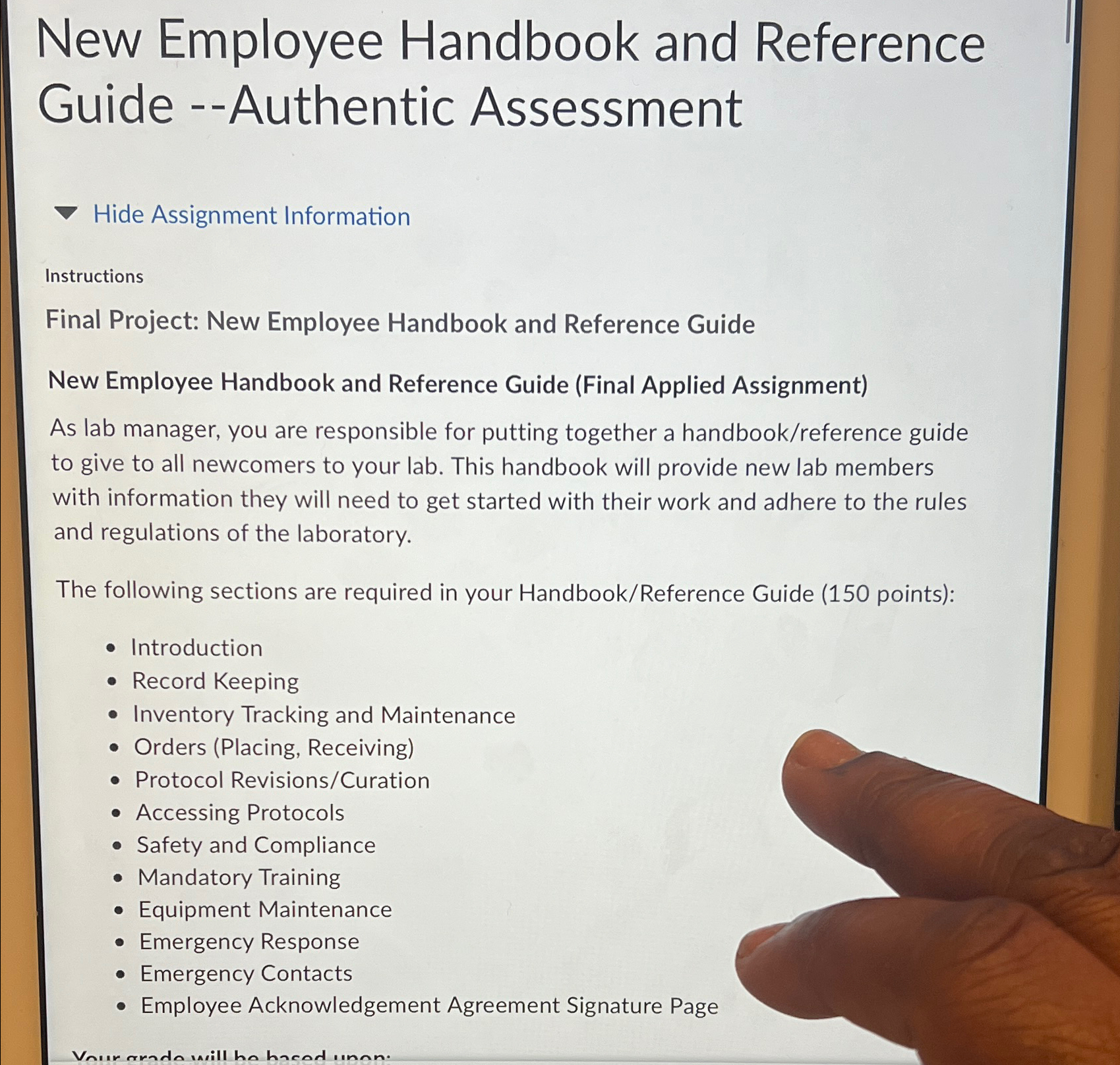  New Employee Handbook and Reference Guide --Authentic Assessment Hide Assignment Information