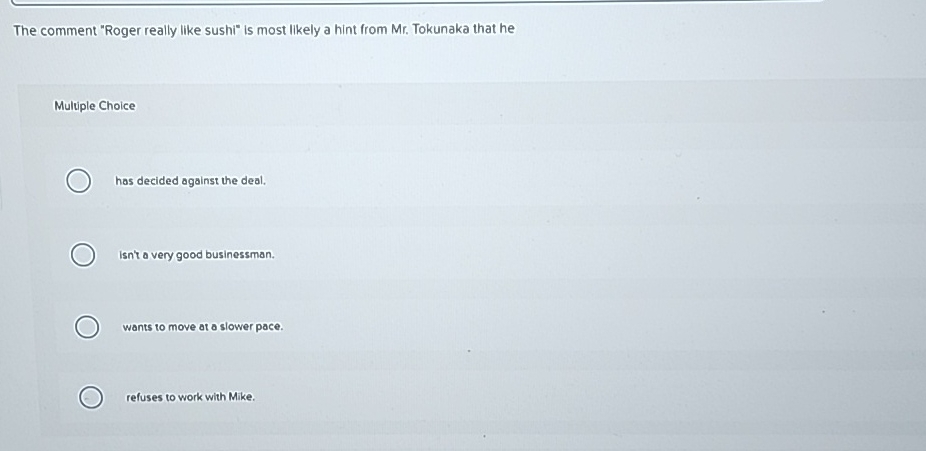  The comment "Roger really like sushi" is most likely a hint